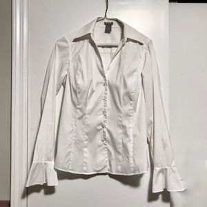 Ann Taylor white cotton down v neck career blouse